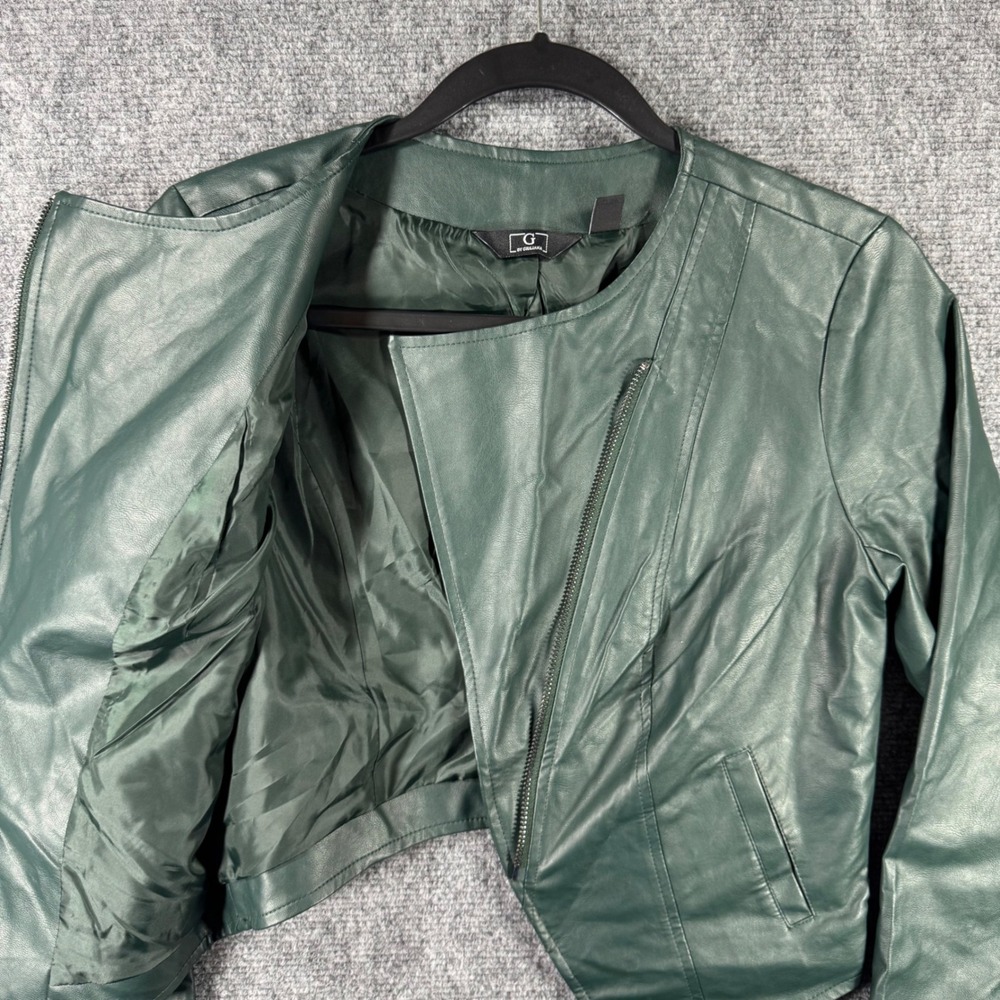 G by Giuliana Womens Faux Leather Jacket Dark Green Asymmetrical Cropped XS NWOT - Picture 5 of 10